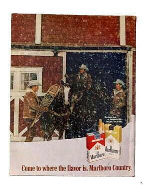 1970 Marlboro Cigarettes Print Ad Snow Red Barn Cowboys Horses Snow Smoking VTG